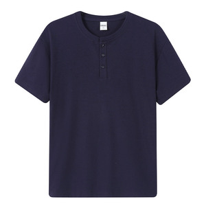 Camiseta Henley de Algodón Azul Marino, Manga Corta, Cuello Redondo, Color Sólido, Ropa Informal, Unisex, Disponible en Tallas para Adultos - Product Image 1