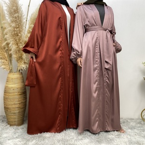 Spring Summer Abaya Smooth Thick Satin Solid Color Simplicity With Pockets Cardigan Muslim <b>Islamic</b> Women Clothing 1917# - Product Image 5