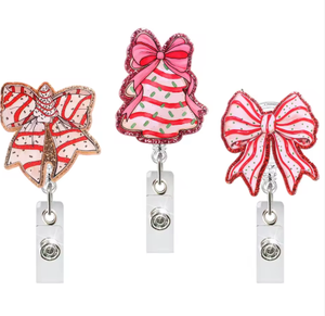 New Arrival Luxury PIN&PIN Glitter <b>Pink</b> Christmas Tree Ribbon <b>Bows</b> Acrylic Retractable Badge Reel ID Name Holder Accessories - Product Image 1