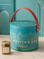 Boîte cadeau cylindrique de style européen haut de gamme en papier spécial cyan avec logo personnalisé, fabriquée à la main, avec poignée en cuir, pour aliments et noix