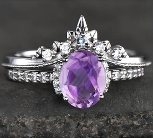 Romantic Crown Oval Cut <b>Crystal</b> Engagement <b>Ring</b> Women's 925 Silver Rhodium Plated Pave Setting Prong Mounting - Product Image 3