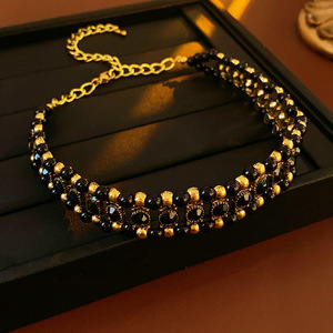 قلادة حجر عقيق أسود بوهيمي مطرز بالخرز من سبيكة مطلية بالذهب من حجر الراين قلادات قلادات كلاسيكية - Product Image 3