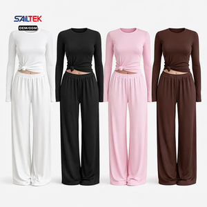 Completo da Donna Due Pezzi: Top Corto <span class=keywords><strong>Sexy</strong></span> con Scollo a V e Maniche Lunghe Avvolgenti e Pantaloni a Zampa a Vita Alta - Abbigliamento Loungewear Personalizzato - Product Image 5