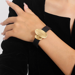 Fashion Minimalist Gold-Tone Oval Accent PU Leather <strong>Bracelet</strong> for <strong>Women</strong> with <strong>Magnetic</strong> Clasp - Edgy Elegance for Modern <strong>Women</strong> - Product Image 1