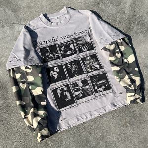 Nouveau T-shirt oversize en coton de créateur, imprimé personnalisé motif camouflage, coupe carrée, effet vieilli, double épaisseur, manches longues - Product Image 1