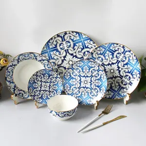 서양 현대 디자인 골드 림 식탁 세트 화이트 블루 중국 뼈 식탁