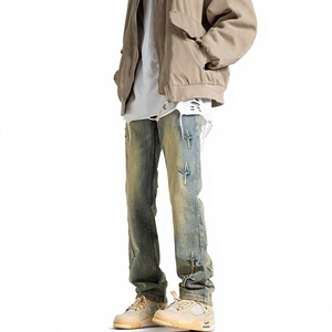 Jeans de Mezclilla de Pierna Recta para Hombre, Corte Slim, Lavado a la Piedra, Diseño de Cruz Bordada, Estilo Urbano, Otoño, Algodón de Peso Medio - Product Image 1