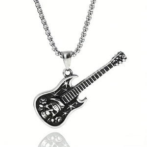 Yunnique – pendentif de guitare en acier inoxydable avec motif de crâne, collier unisexe de musique rock, bijoux de style punk - Product Image 1