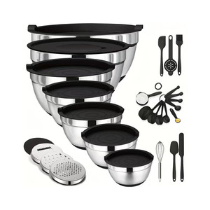Ensemble de bols mélangeurs empilables en acier inoxydable kaki avec couvercles hermétiques et râpe, pour le stockage alimentaire, design moderne et simple - Product Image 2