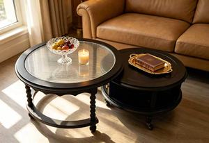 Ensemble de tables basses gigognes noires avec plateau en verre cannelé et tiroir de rangement, style ferme, pour salon - Product Image 5