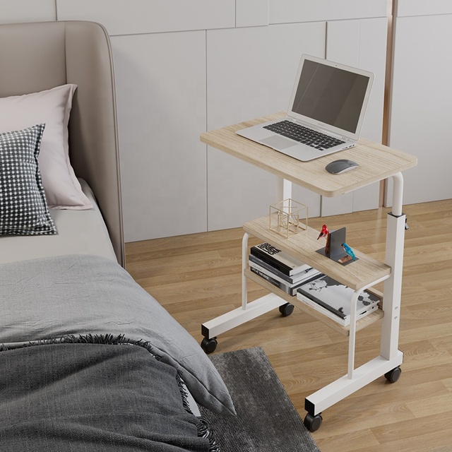 Adjustable Laptop Bedside Study Office Storage Table Rollers Foldable Metal Wood Design for Bedroom Sofa Side Countertop Drawer
