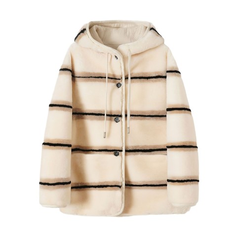 315 Winter Woman New Fashion Clothing Dermal Fur Striped Hooded Coat Merino Wool Fur Coat for Ladies