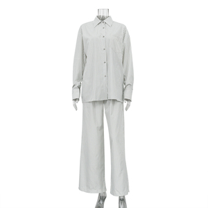 Camicia a maniche lunghe a righe Casual autunno autunno stile Casual e pantaloni a gamba larga Set due pezzi da donna - Product Image 4