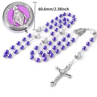 Collier de prière en perles de verre imitation perle avec croix de la Sainte Mère, fait main, pour baptême, avec boîte