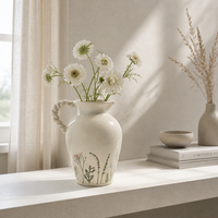 Vase en céramique vintage ARM LVG peint à la main avec des fleurs sauvages, pichet à fleurs rustique de style farmhouse avec poignée tressée pour la décoration de la table à la maison