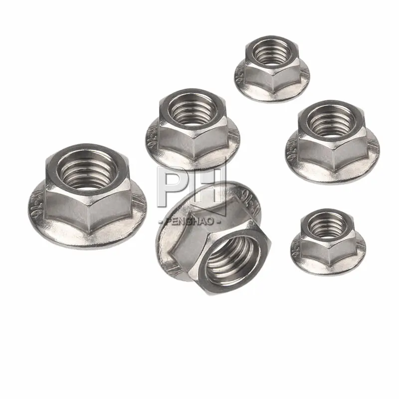 Din6923 M3 M4 M5 M6 M8 M12 304 thép không gỉ mặt bích Nut với răng hình lục giác Nut mặt bích với đệm Hex có khía mặt bích NUT