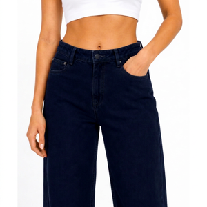 Vaqueros de mezclilla azul oscuro para mujer, de cintura alta y pierna ancha, corte holgado, largo completo, estilo casual, color azul. - Product Image 1