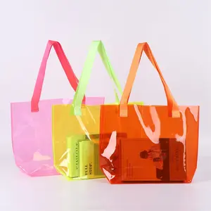 Custom logo cute transparent waterproof neon candy color beach PVC gift shopping tote bag