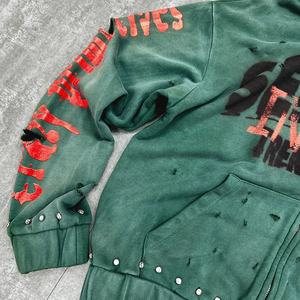 Sudadera con Capucha Estampada de Estilo Urbano Vintage, Sudadera con Capucha Personalizada de Felpa Gruesa con Pedrería, Sudadera con Capucha con Cierre y Lavado Ácido - Product Image 4