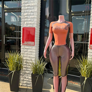 Women Letter Mesh O Neck Short Sleeve Slim Crop <strong>Top</strong> and <strong>See</strong> <strong>Though</strong> Knee Length Pants Two Piece Sets - Product Image 3