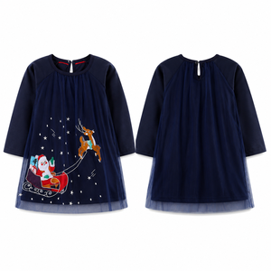 Vestido de Fiesta Navideño para Niñas, Tul Bordado con Santa Claus, Manga Larga, 100% Algodón, Azul Marino, para 2-7 Años, Personalizado OEM - Product Image 2