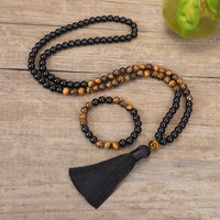 Collier de prière Mala 108 perles, pierres naturelles 8mm, ensemble de bijoux de méditation et de yoga, bracelet long à pompon fait main