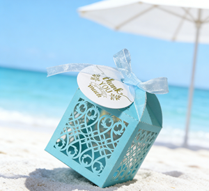 Light Blue Hollow Out Favor Box Made Of Pearlescent Cardboard With Laser Engraving And Organza Ribbon Fresh - Product Image 2