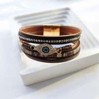 Bracelet en cuir multi-couches style ethnique européen et américain, incrusté de diamants, avec œil turc bleu contre le mauvais œil, pour femmes et hommes