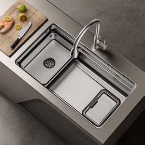 Évier de cuisine multifonctionnel en acier inoxydable SUS304 gaufré, grand bac unique, design à escalon, pour montage en surélevé - Product Image 1