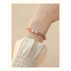Natural Freshwater Pearl <b>Bracelet</b> with Strawberry <b>Crystal</b> Splicing Beaded Stacked Jewelry Handcrafted <b>Bangle</b> - Product Image 3