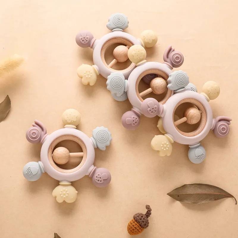 Wholesale Silicone Teether Baby Wooden Teether Ring Kid Gift BPA Free Silicone Children Goods Kid Teething Toy