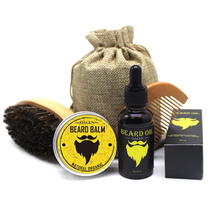 Kit Completo per la Cura della Barba Biologico a Marchio Privato con <span class=keywords><strong>Balsamo</strong></span> Nutriente, Cera Modellante, Spazzola in Legno e Astuccio Premium - Product Image 1