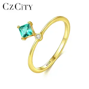 CZCITY Square Stone Sterling Silver Engagement Emrald Jewelry S925 Fashion For Woman Gold 18K Ring
