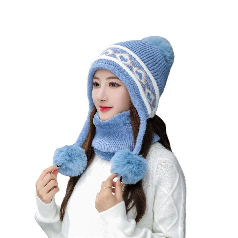 New Design Warm Hat & Scarf Set Knit Hats Neck Warm Winter Cap Scarf Set Beanie Knitted Cap Scarf Set For Women