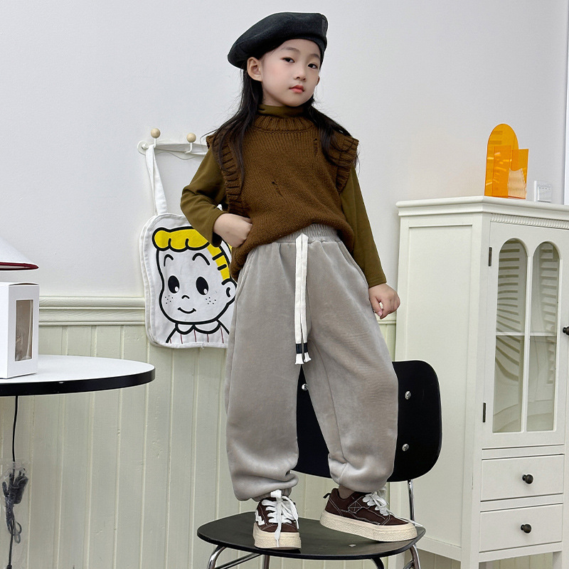 Pantaloni in pile stringati-grigio latte