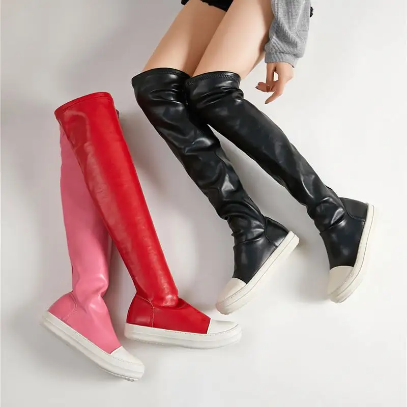 Diz Boots uyluk güz kış bayanlar Platform ayakkabılar güvenlik botları streç PU deri kadın lateks uyluk yüksek çizmeler