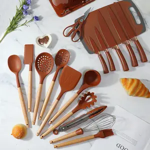 Kochgeschirr-Set 19-teilig Kochen Spatula Löffel hölzerner Griff Kochgeschirr Antihaft-Aufbewahrungsbehälter Haus und Küche Silikon modernes Design