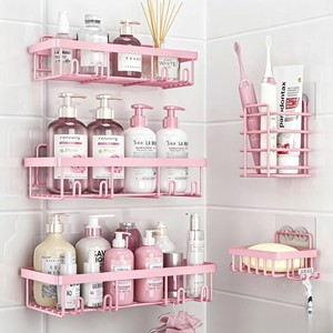 Étagère d'angle murale moderne rose pour salle de bain, support de rangement 3 niveaux, organisateur peu encombrant pour douche, savon, bouteille, brosse à dents - Product Image 1