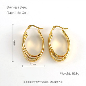 Zogxin Hoop Earrings 22x40mm Gold Stainless Steel Oval Geometric Design Fashion Jewelry for Women - Product Image 3