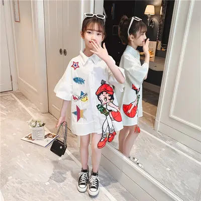 2021 Summer New Cartoon Trumpet Sleeve Dress Big Girls Korean Style Shirt Dress