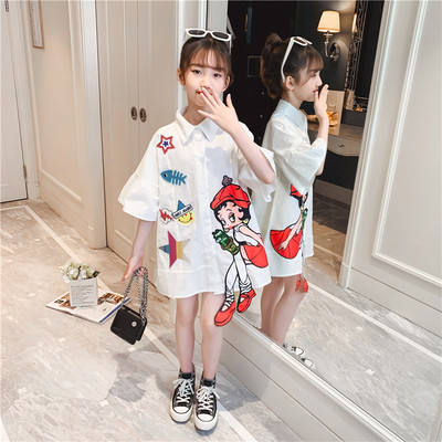 2024 Summer New Cartoon Trumpet Sleeve Dress Big Girls Korean Style Shirt  Dress