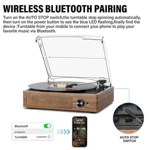 Tourne-disque vinyle avec 2 haut-parleurs stéréo, à courroie, style vintage, 3 vitesses, lecture sans fil <span class=keywords><strong>Bluetooth</strong></span>, entrée <span class=keywords><strong>AUX</strong></span>, sortie <span class=keywords><strong>RCA</strong></span> - Product Image 2