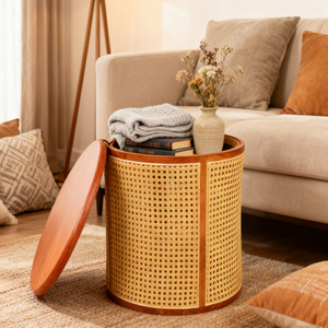 Minimalist Small <strong>Round</strong> Solid Wood Rattan <strong>Side</strong> <strong>Table</strong> Coffee <strong>Table</strong> <strong>with</strong> Internal <strong>Storage</strong> Space Organizer for Living Room Corner - Product Image 1