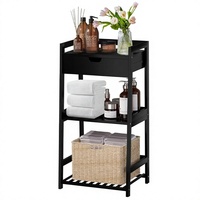 Mesa de Cabeceira Moderna em Bambu Preto Fosco com Gaveta de Armazenamento e 3 Níveis, Organizador para Quarto e Sala de Estar