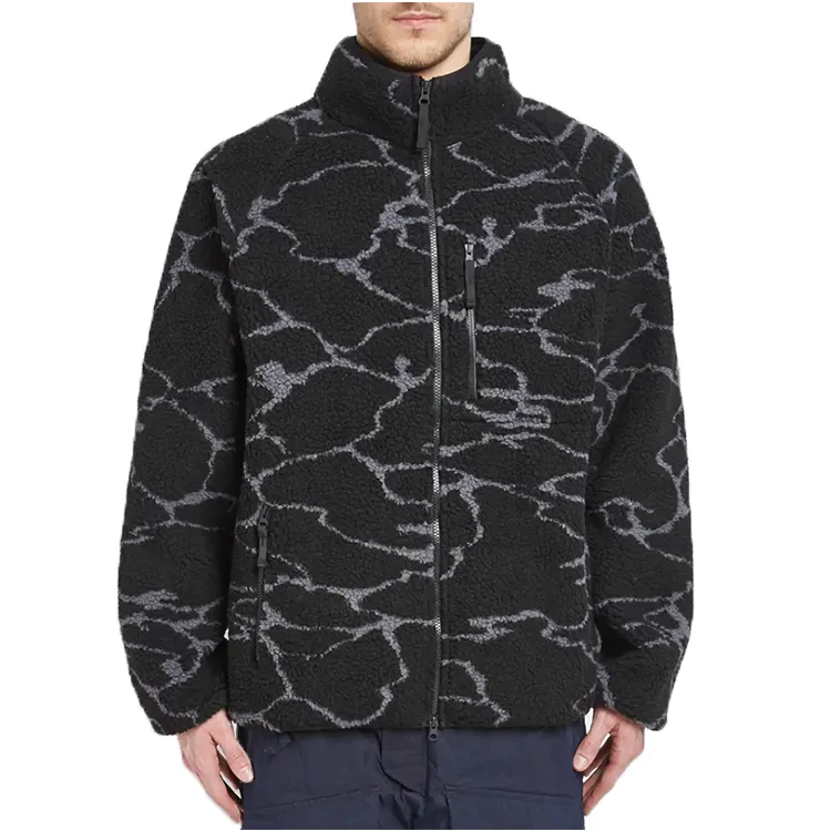 wholesale plus size OEM black customized jacquard pattern printing winter casual sherpa fleece jackets for men