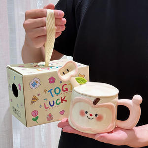 Cute Apple Ceramic Mug With Lid And Spoon For Couple Office Home Use Drinking Birthday Gift - Product Image 2