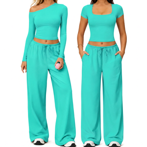 <b>Red</b> 2 Piece Yoga Set Asymmetric Off Shoulder <b>Crop</b> <b>Top</b> High Waist Wide Leg Pants With Pockets Breathable Spandex Cotton Material - Product Image 2