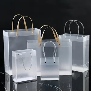 Wholesale Pp Plastic Frosted Advertising Shopping Beverage Drinking Tote Bag Customized Color Pvc Transparent Gift Packaging Bag