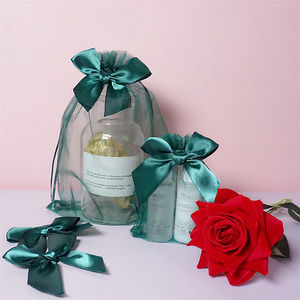Sac en maille transparente vert foncé pour emballage de <span class=keywords><strong>parfum</strong></span>, cosmétiques, sac de rangement en <span class=keywords><strong>organza</strong></span> avec nœud en soie - Product Image 3