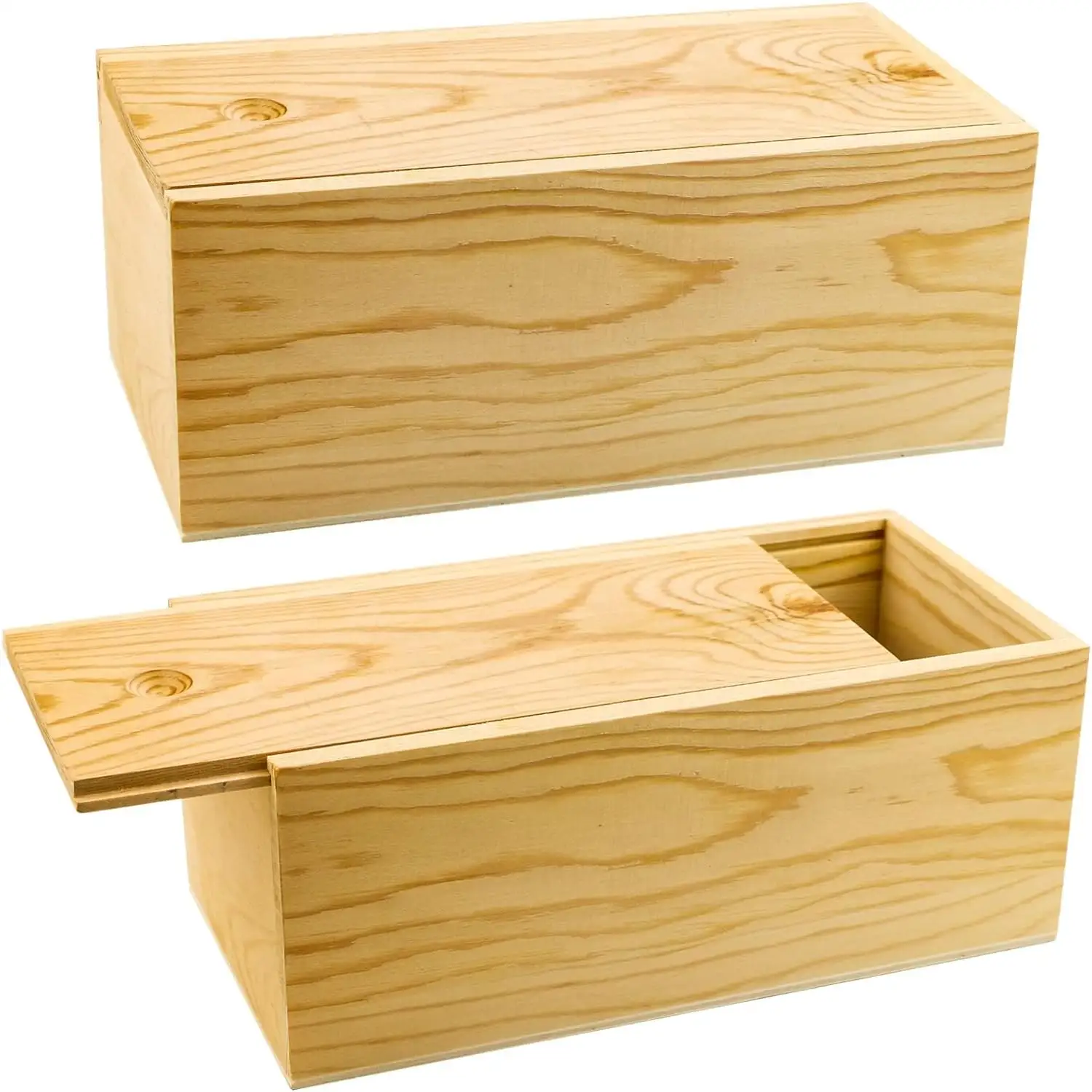 2 Pack Unfinished Wood Storage Box with Slide Lid,Blank Natural Wood Case Container for Christmas,Wedding,Party,Gift Jewelry Box